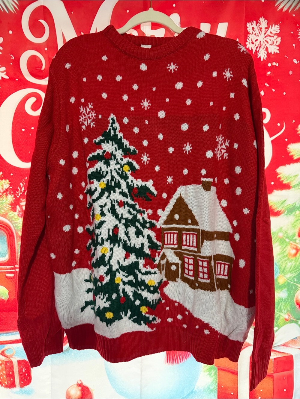 Women’s Festive Red Christmas Sweater with Tree and House